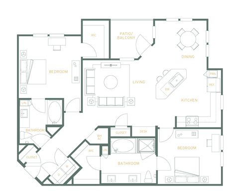 A floor plan of a house with a living room, dining room, kitchen, and multiple bathrooms.